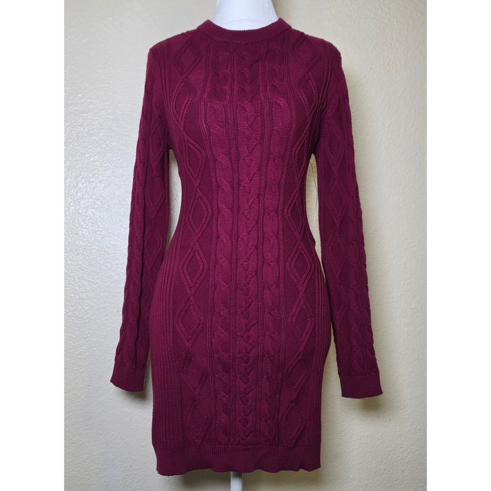 Bold Elements Womens Burgundy Cable Knit Open Back Sweater Dress PS Petite Small